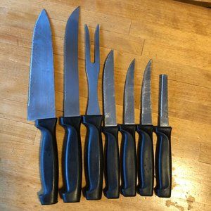 Serrated Set of 6 Knives Grill Fork Stainless Steel with Black Handle